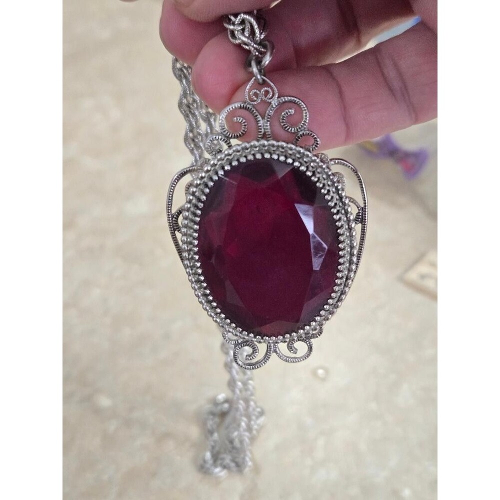 24" Whiting Davis Vintage 2.5" Blood Red Glass Pendant Necklace Silvertone Chain